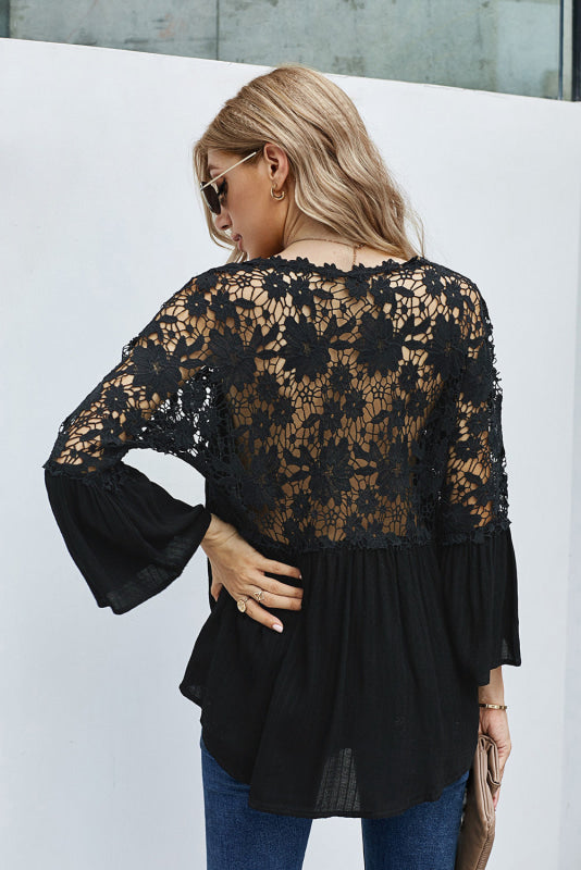 Blusa Elegante Donna con Dettagli in Pizzo sulle Spalle e sulla Schiena