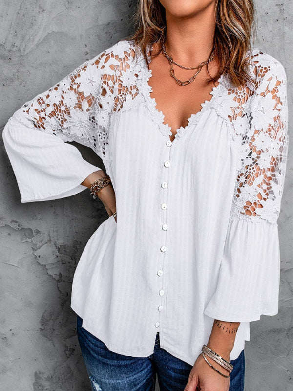 Blusa Elegante Donna con Dettagli in Pizzo sulle Spalle e sulla Schiena