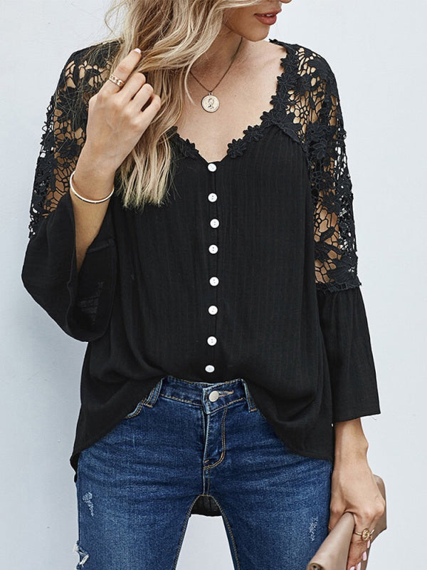 Blusa Elegante Donna con Dettagli in Pizzo sulle Spalle e sulla Schiena