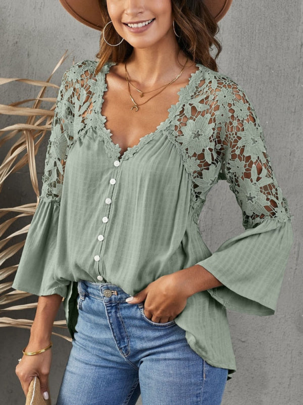 Blusa Elegante Donna con Dettagli in Pizzo sulle Spalle e sulla Schiena