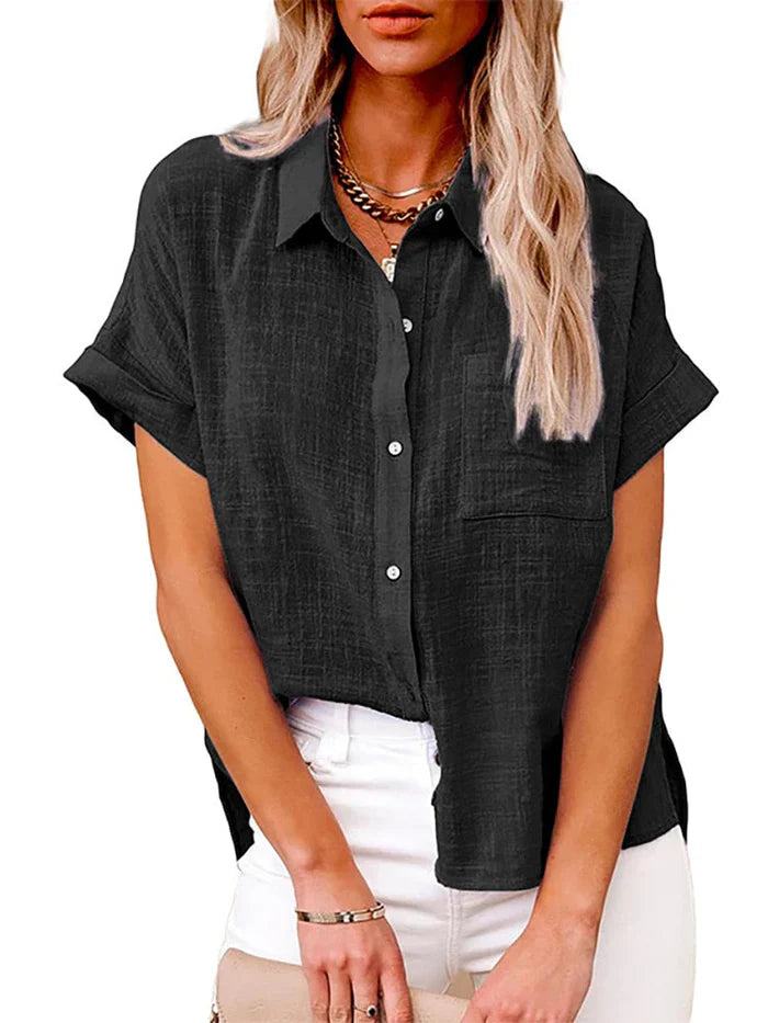 "Camicia Donna in Lino a Maniche Corte" can be rewritten as "Camicia Estiva Donna in Lino a Maniche Corte".