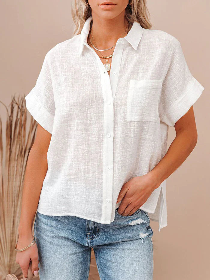 "Camicia Donna in Lino a Maniche Corte" can be rewritten as "Camicia Estiva Donna in Lino a Maniche Corte".