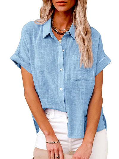 "Camicia Donna in Lino a Maniche Corte" can be rewritten as "Camicia Estiva Donna in Lino a Maniche Corte".