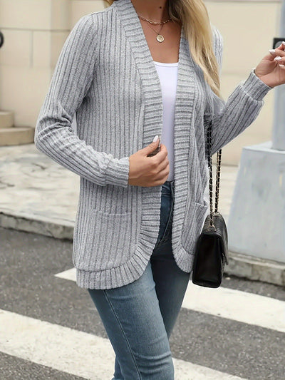 Sofia Elegant Women's Cardigan – Long Ribbed Knit with Pockets