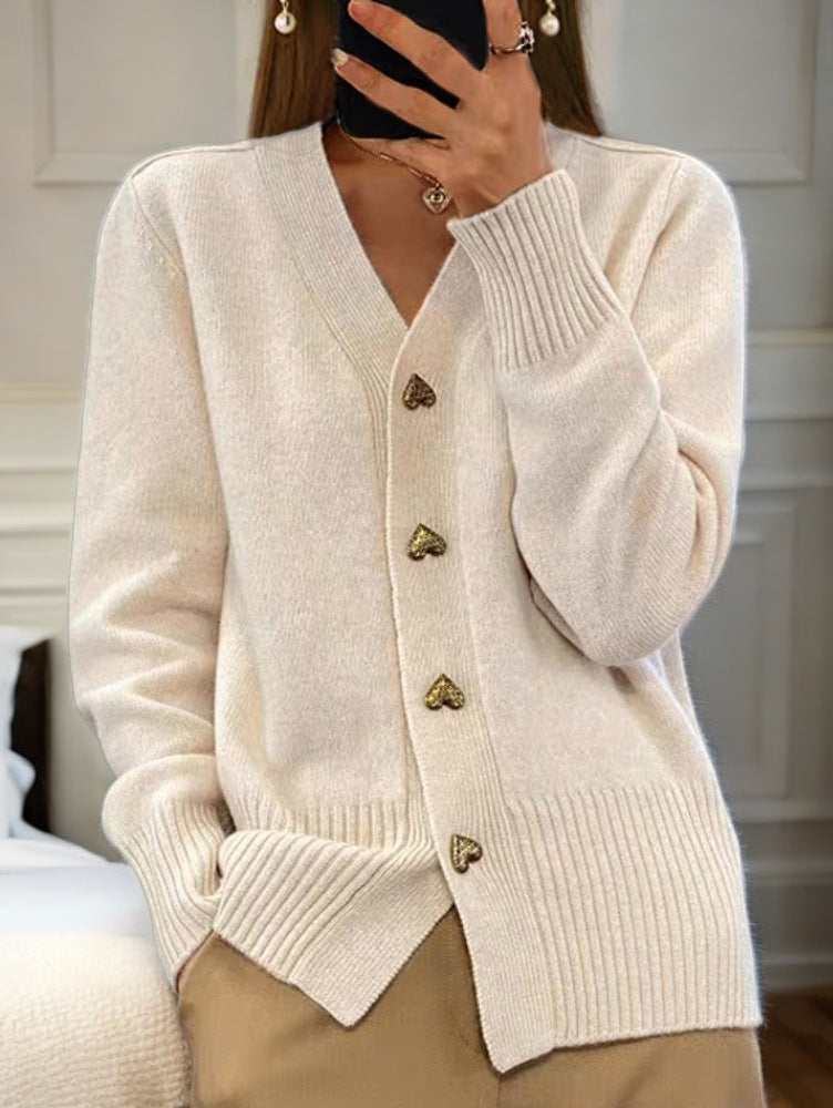 Elegant Women's Cardigan – Soft Knit with Heart-Shaped Golden Buttons