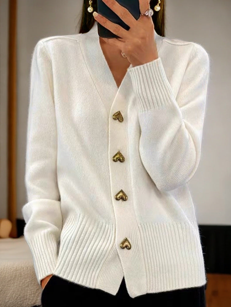 Elegant Women's Cardigan – Soft Knit with Heart-Shaped Golden Buttons