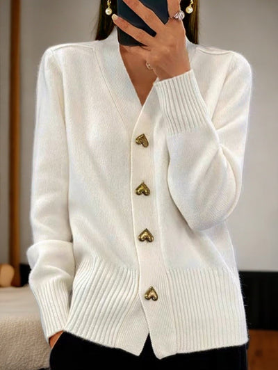Elegant Women's Cardigan – Soft Knit with Heart-Shaped Golden Buttons
