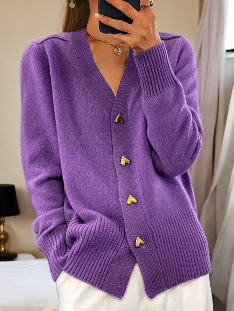 Elegant Women's Cardigan – Soft Knit with Heart-Shaped Golden Buttons