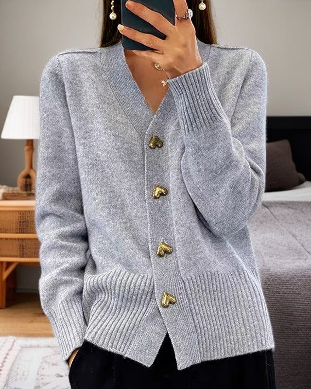 Elegant Women's Cardigan – Soft Knit with Heart-Shaped Golden Buttons