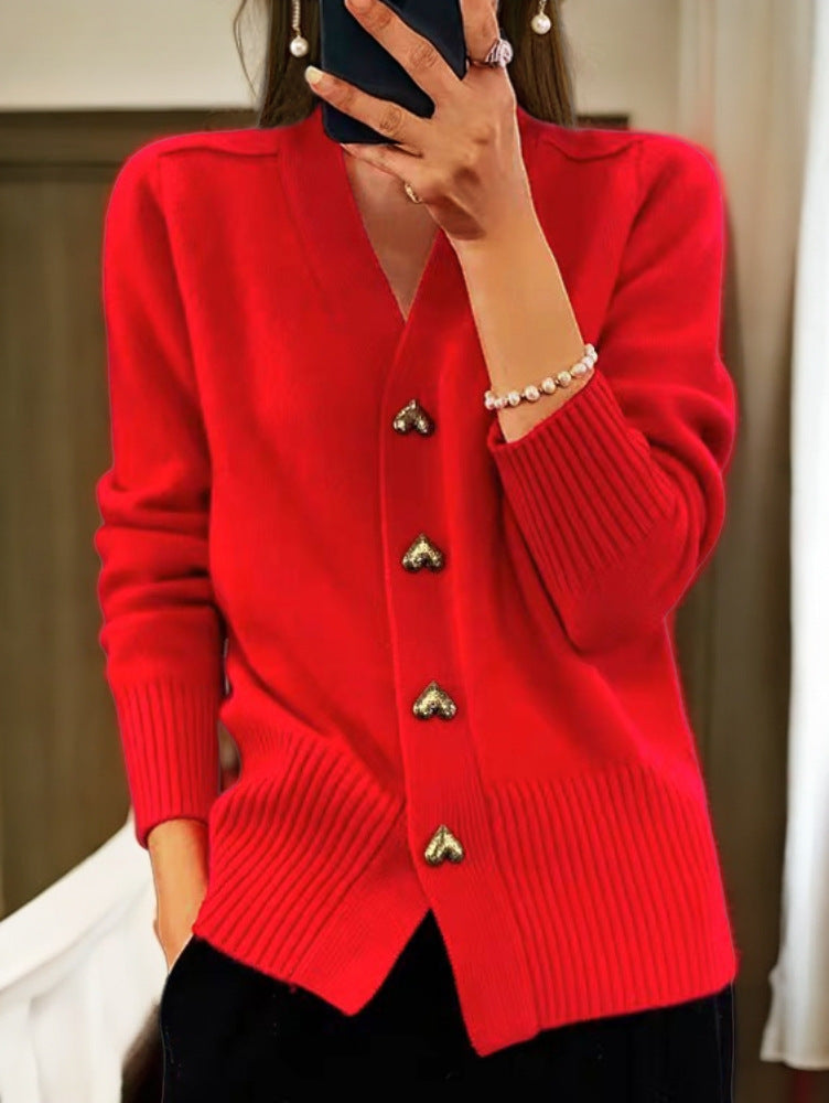 Elegant Women's Cardigan – Soft Knit with Heart-Shaped Golden Buttons