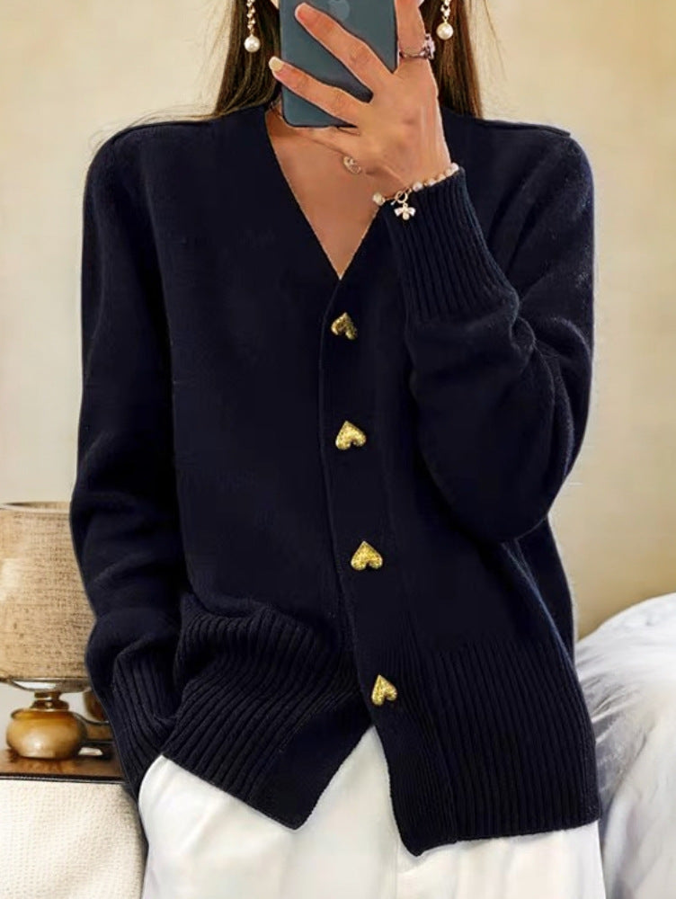 Elegant Women's Cardigan – Soft Knit with Heart-Shaped Golden Buttons