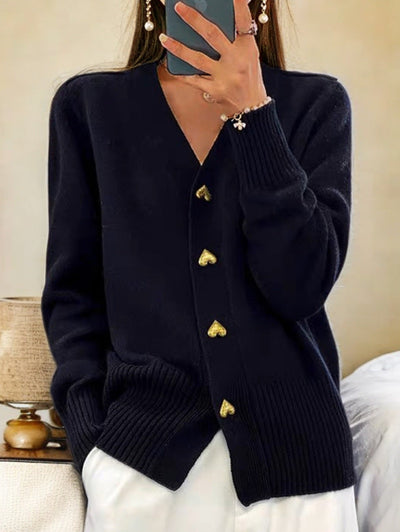 Elegant Women's Cardigan – Soft Knit with Heart-Shaped Golden Buttons