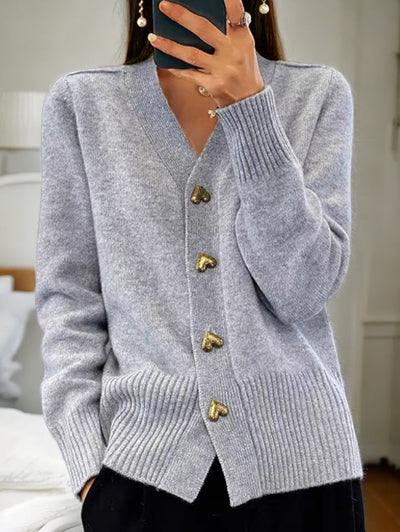 Elegant Women's Cardigan – Soft Knit with Heart-Shaped Golden Buttons