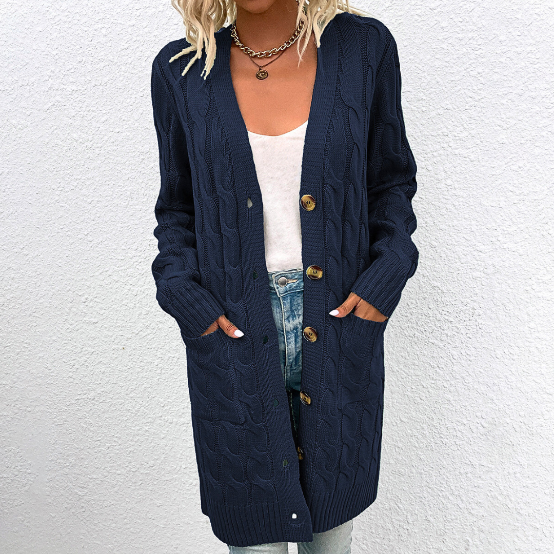 Nadia Long Warm Cardigan for Women – Cable Knit with Buttons and Pockets