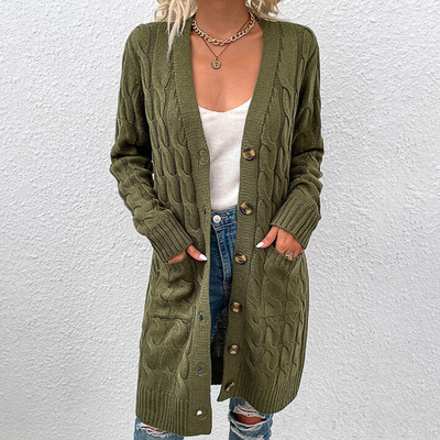 Nadia Long Warm Cardigan for Women – Cable Knit with Buttons and Pockets