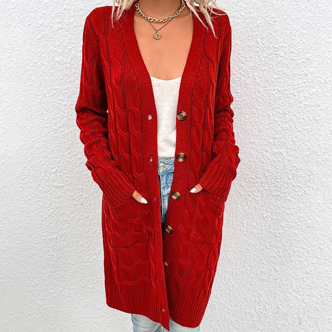 Nadia Long Warm Cardigan for Women – Cable Knit with Buttons and Pockets