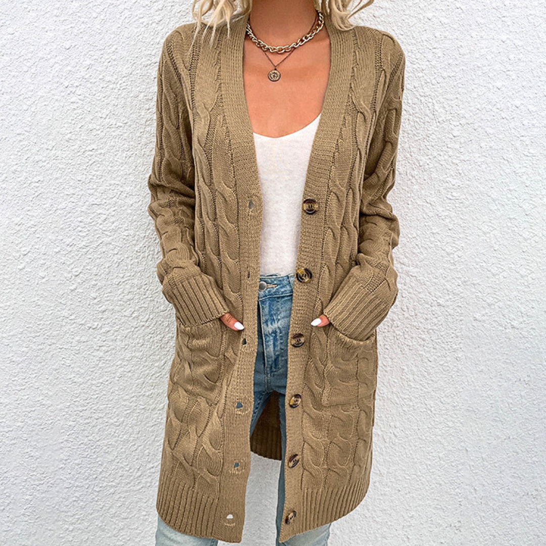 Nadia Long Warm Cardigan for Women – Cable Knit with Buttons and Pockets