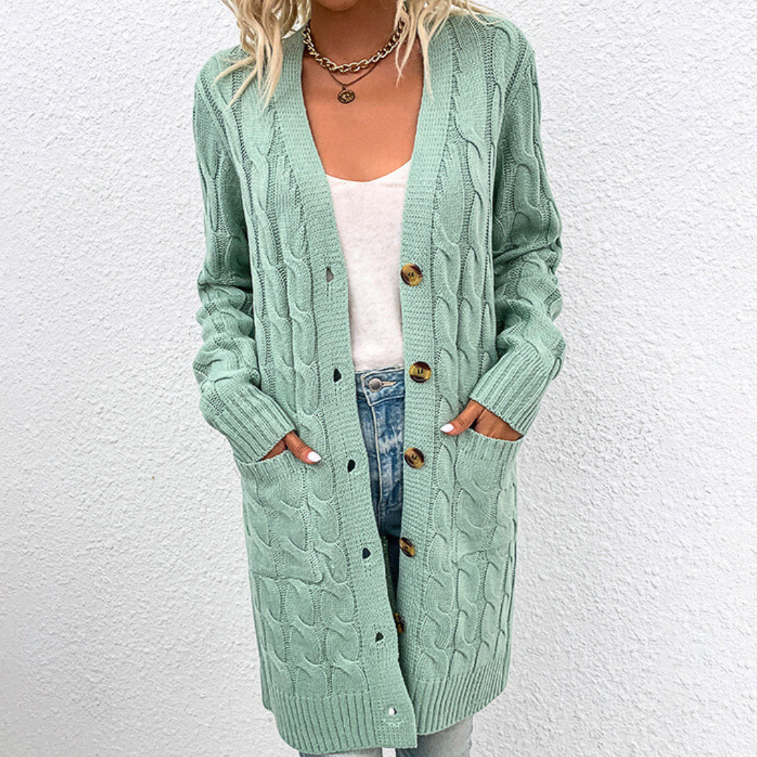 Nadia Long Warm Cardigan for Women – Cable Knit with Buttons and Pockets