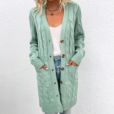 Nadia Long Warm Cardigan for Women – Cable Knit with Buttons and Pockets