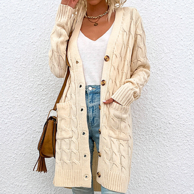 Nadia Long Warm Cardigan for Women – Cable Knit with Buttons and Pockets