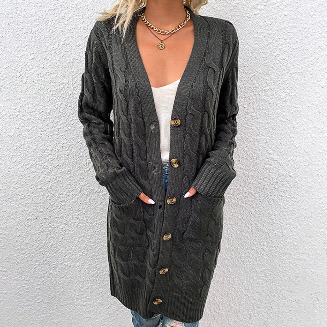 Nadia Long Warm Cardigan for Women – Cable Knit with Buttons and Pockets