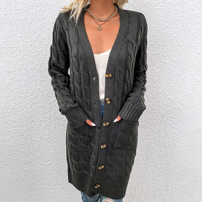 Nadia Long Warm Cardigan for Women – Cable Knit with Buttons and Pockets