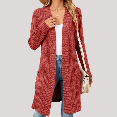 Cardigan Elegante Donna Lungo Chiaro – Maglia Morbida a Coste con Tasche
