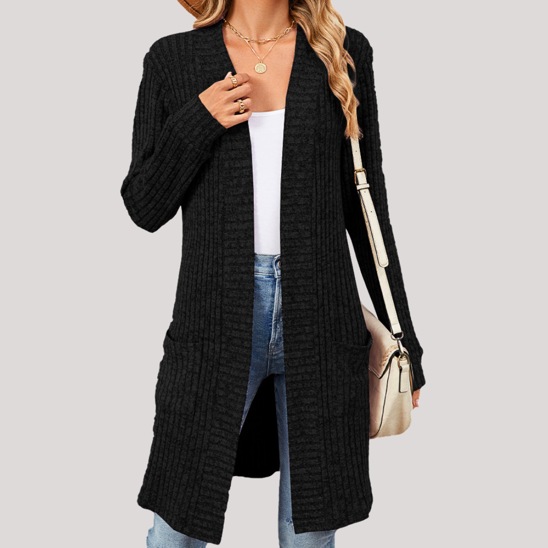 Cardigan Elegante Donna Lungo Chiaro – Maglia Morbida a Coste con Tasche