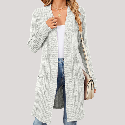 Cardigan Elegante Donna Lungo Chiaro – Maglia Morbida a Coste con Tasche
