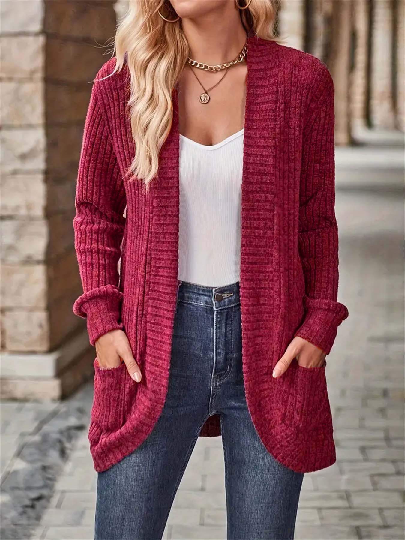 Cardigan Lungo Marta per Donna – Elegante Maglia a Coste con Tasche