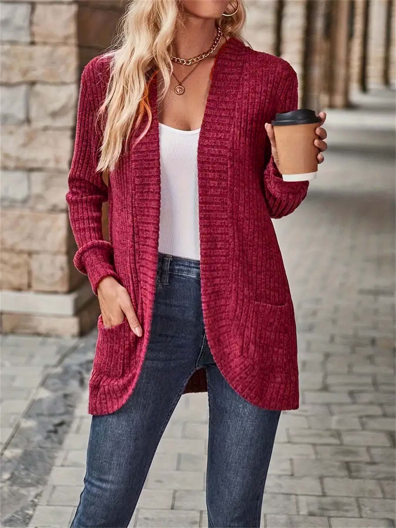 Cardigan Lungo Marta per Donna – Elegante Maglia a Coste con Tasche