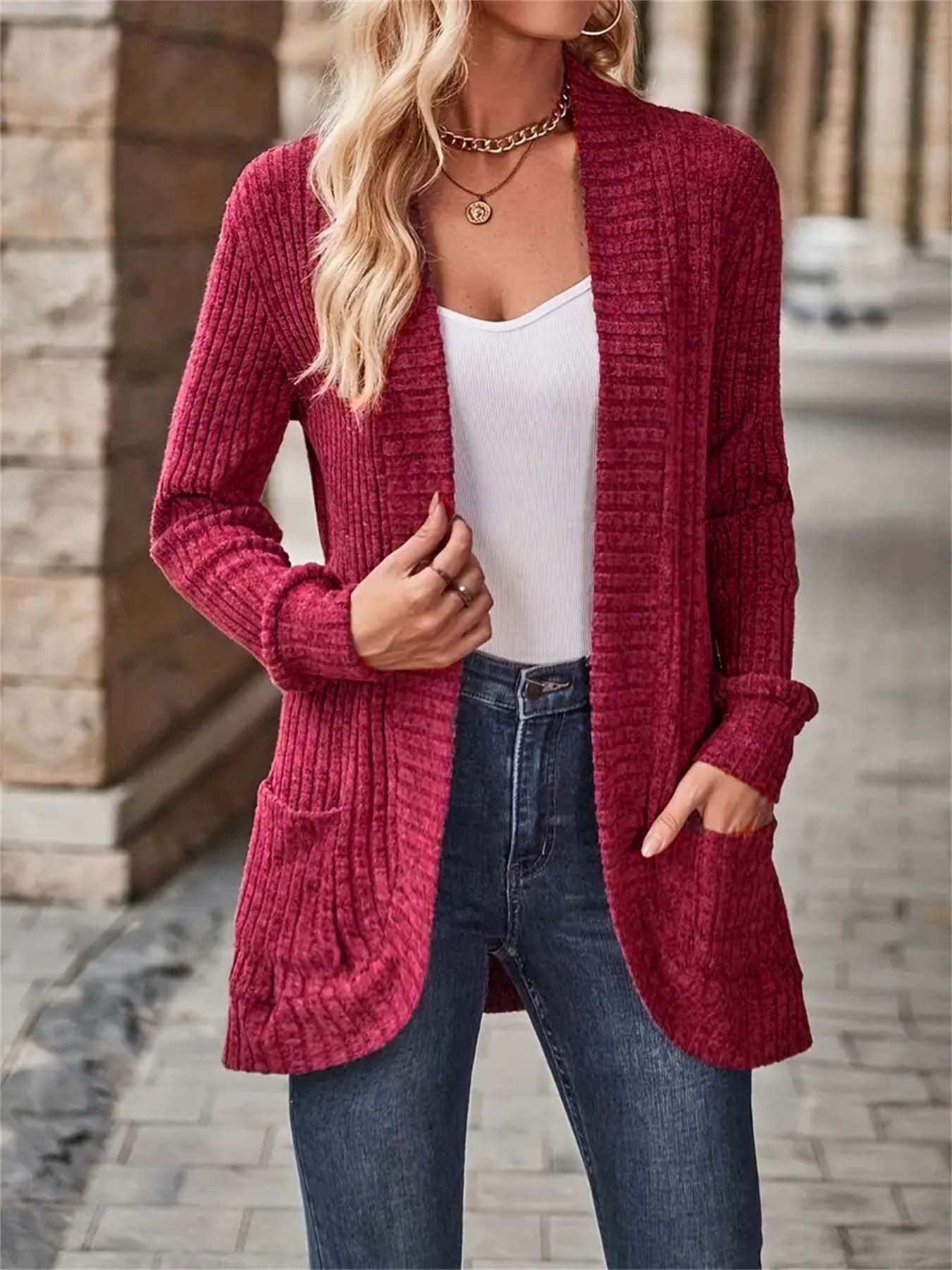 Cardigan Lungo Marta per Donna – Elegante Maglia a Coste con Tasche