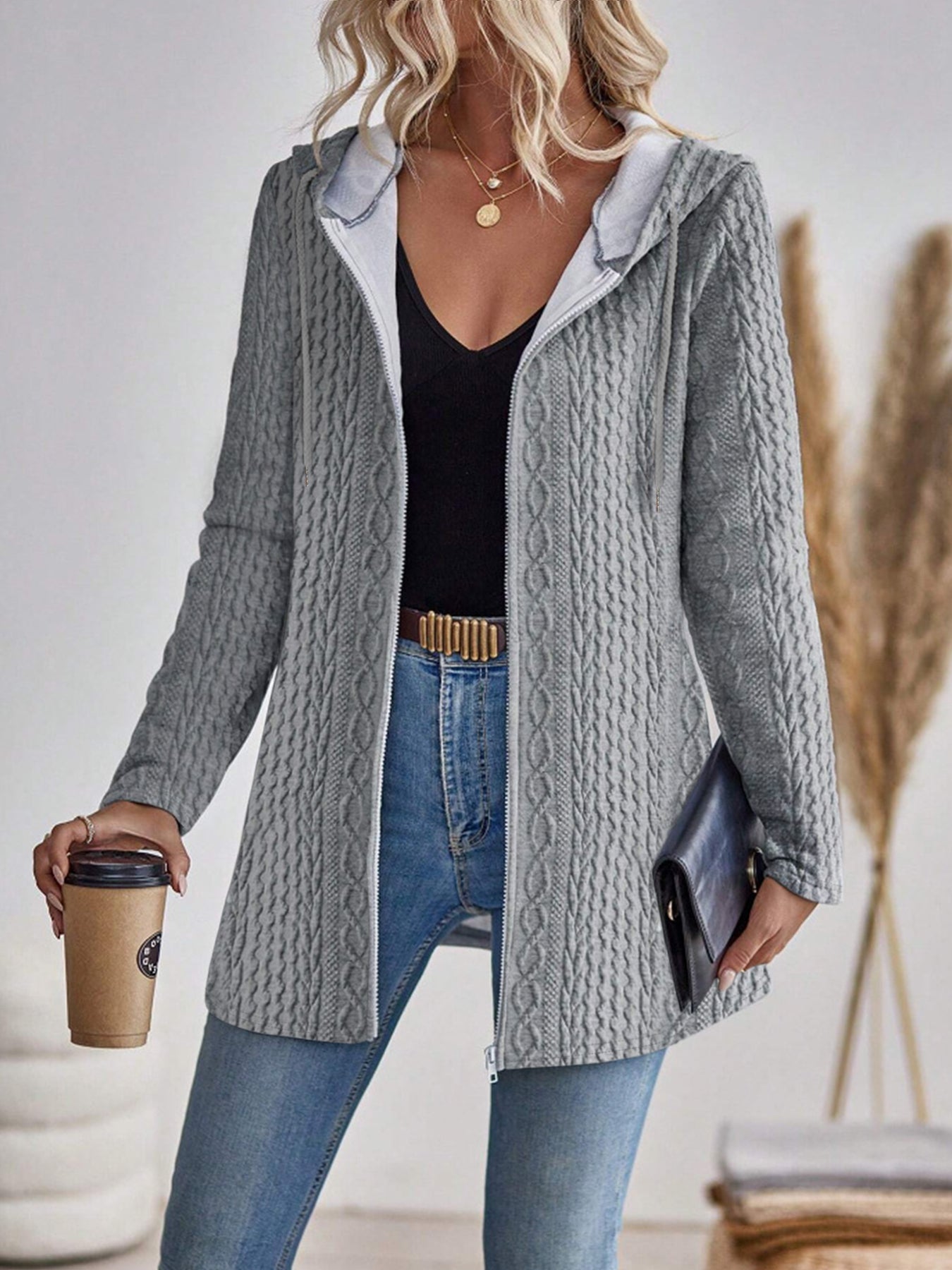 Cardigan Lungo Donna con Cappuccio – Maglia a Treccia Calda e Multifunzionale