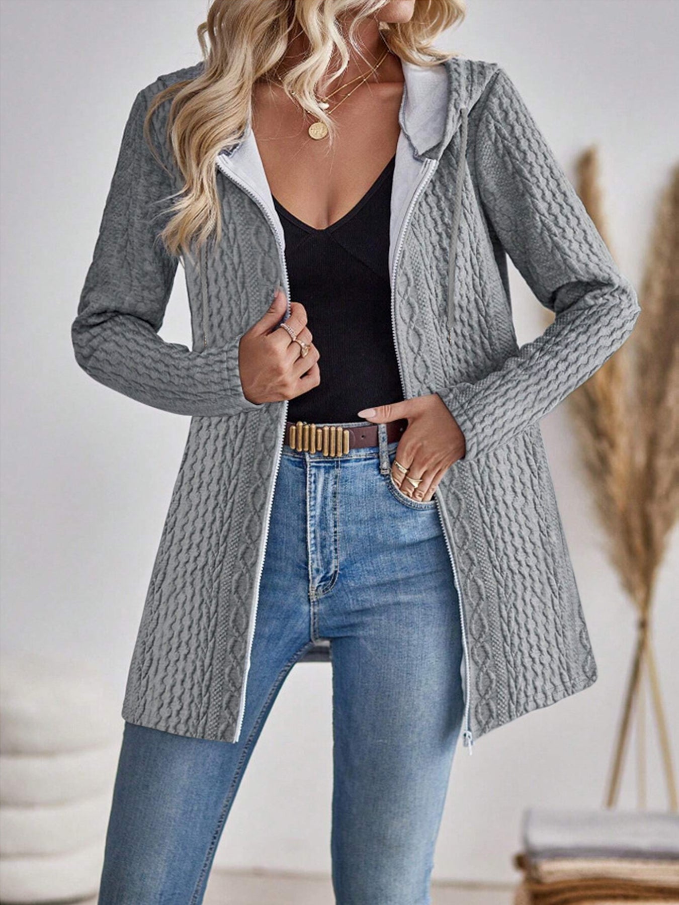 Cardigan Lungo Donna con Cappuccio – Maglia a Treccia Calda e Multifunzionale