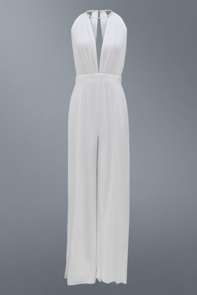 Chiara – Elegante Tuta Lunga Donna con Scollo Profondo, Spacchi e Decorazioni in Perle
