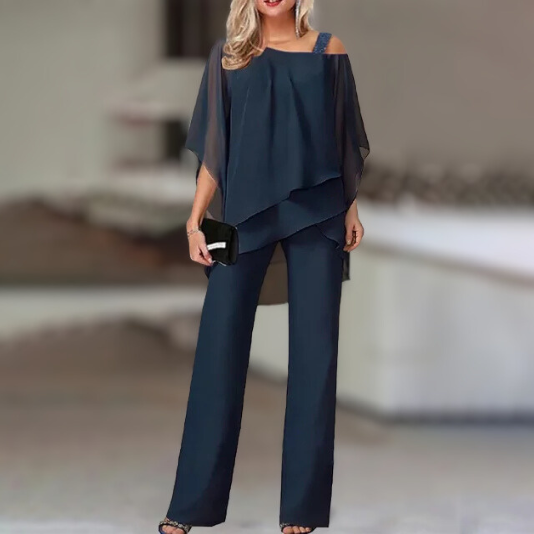 Completo Elegante da Donna in Chiffon – Top Asimmetrico con Pantaloni Larghi