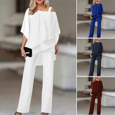 Completo Elegante da Donna in Chiffon – Top Asimmetrico con Pantaloni Larghi