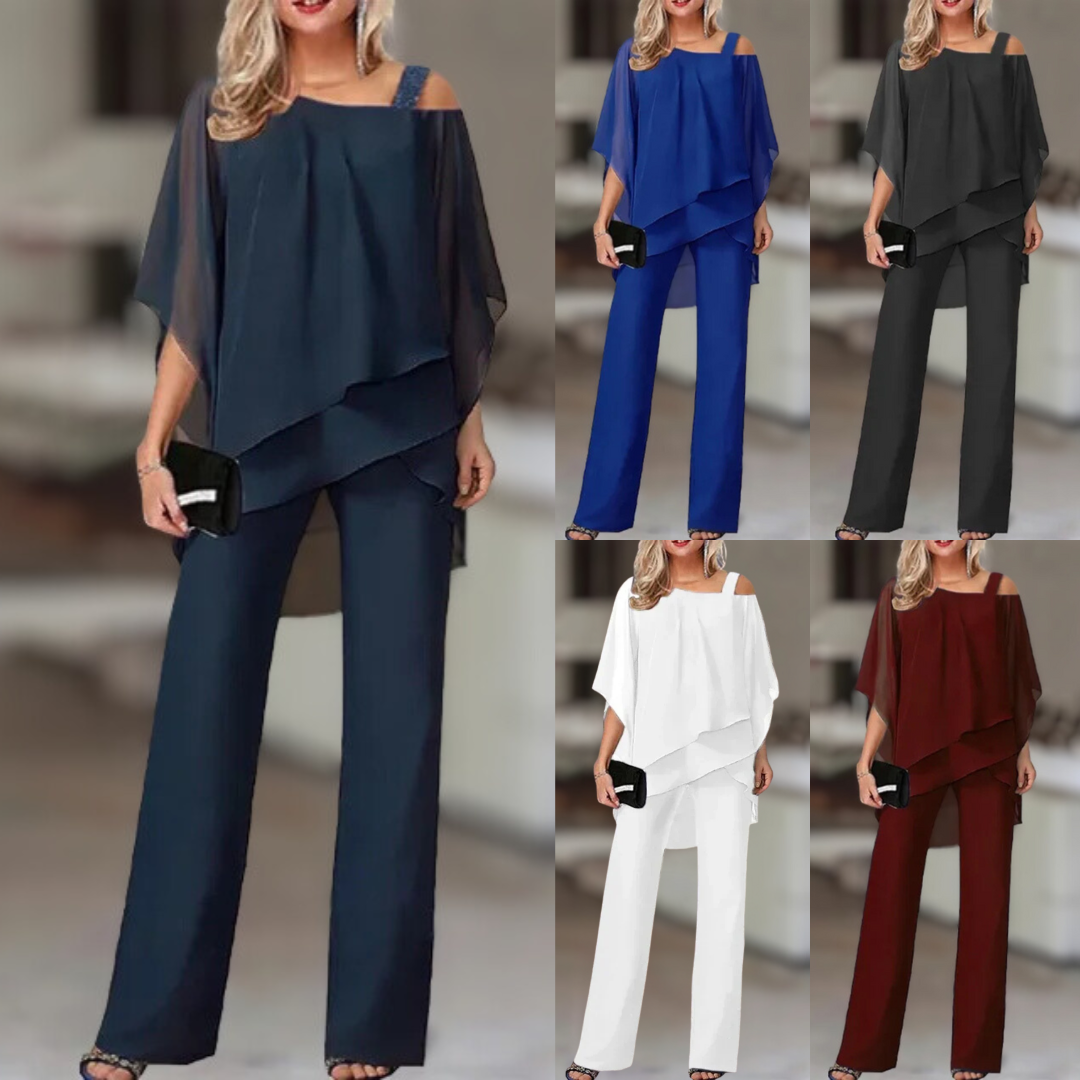 Completo Elegante da Donna in Chiffon – Top Asimmetrico con Pantaloni Larghi