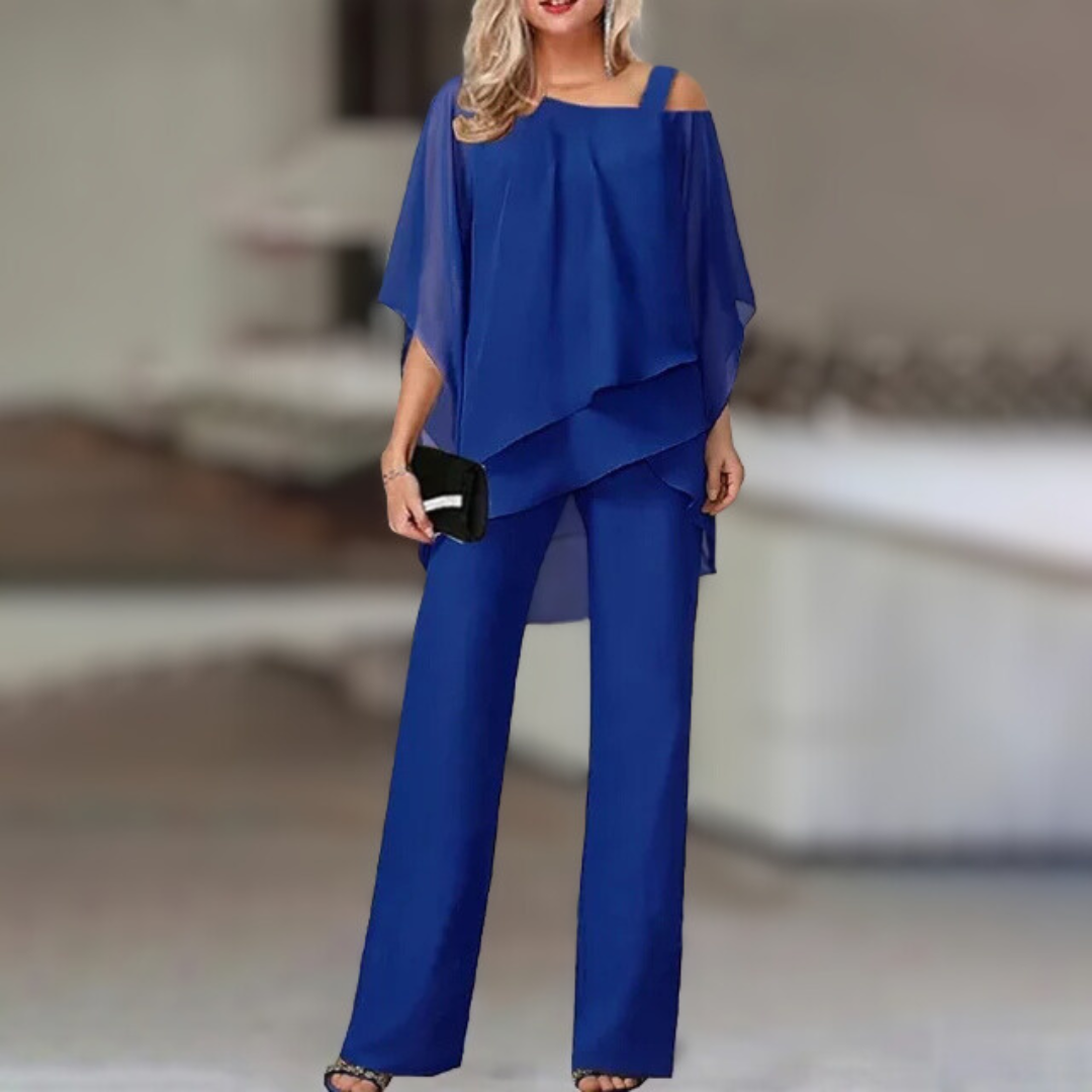 Completo Elegante da Donna in Chiffon – Top Asimmetrico con Pantaloni Larghi