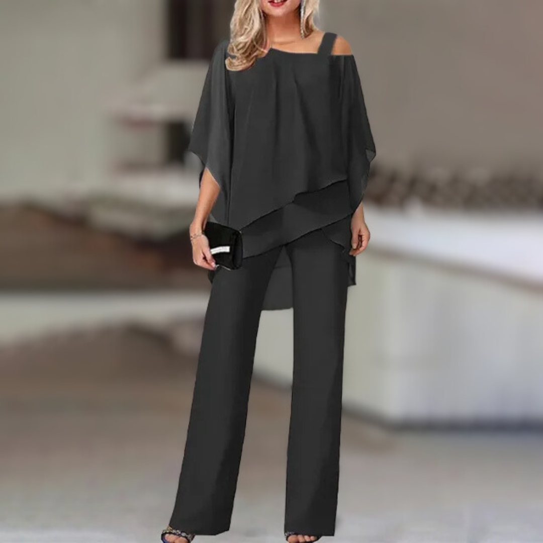 Completo Elegante da Donna in Chiffon – Top Asimmetrico con Pantaloni Larghi