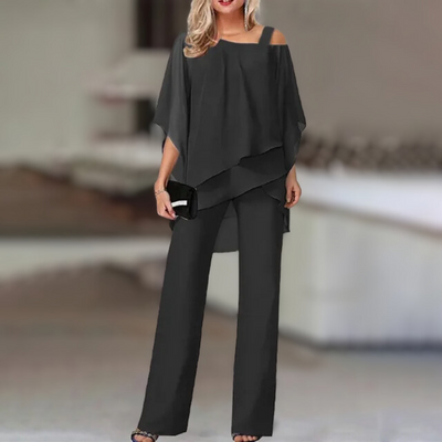 Completo Elegante da Donna in Chiffon – Top Asimmetrico con Pantaloni Larghi