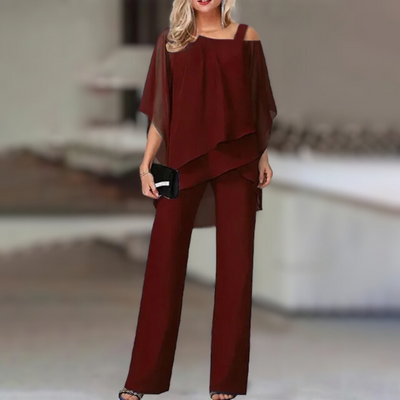 Completo Elegante da Donna in Chiffon – Top Asimmetrico con Pantaloni Larghi