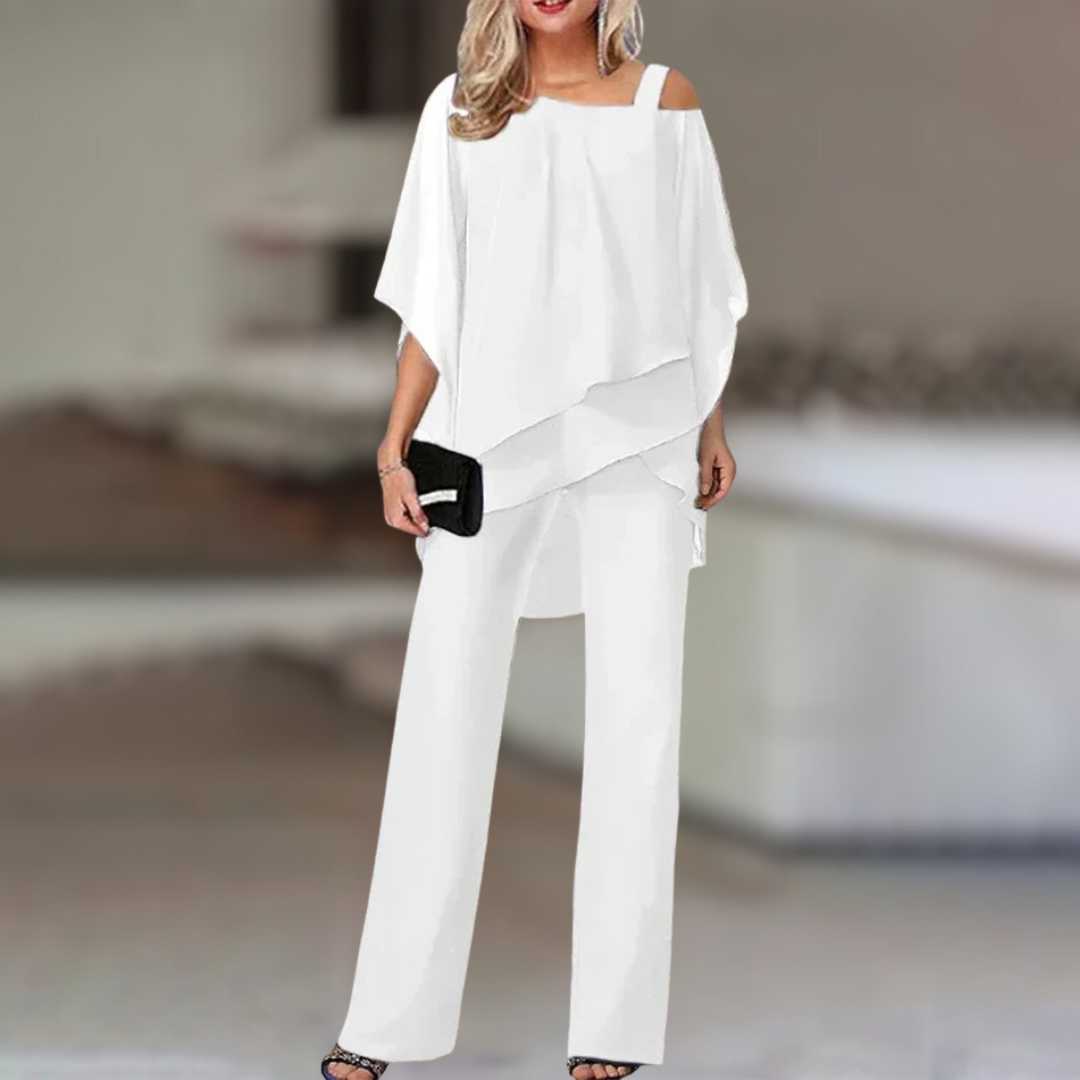 Completo Elegante da Donna in Chiffon – Top Asimmetrico con Pantaloni Larghi