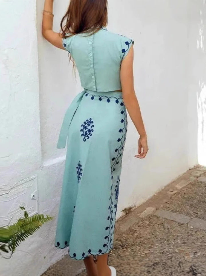 Completo Estivo Elegante per Donna – Set Coordinato di Top e Gonna Lunga Ricamata