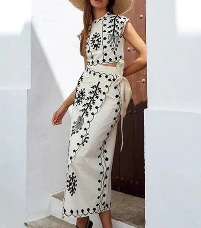 Completo Estivo Elegante per Donna – Set Coordinato di Top e Gonna Lunga Ricamata
