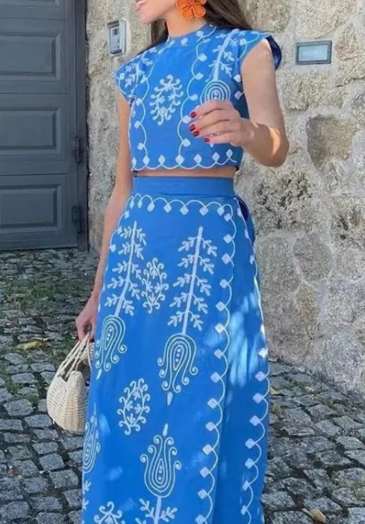 Completo Estivo Elegante per Donna – Set Coordinato di Top e Gonna Lunga Ricamata