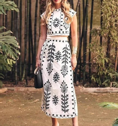 Completo Estivo Elegante per Donna – Set Coordinato di Top e Gonna Lunga Ricamata