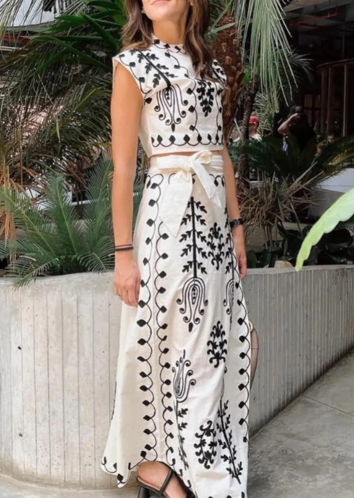 Completo Estivo Elegante per Donna – Set Coordinato di Top e Gonna Lunga Ricamata