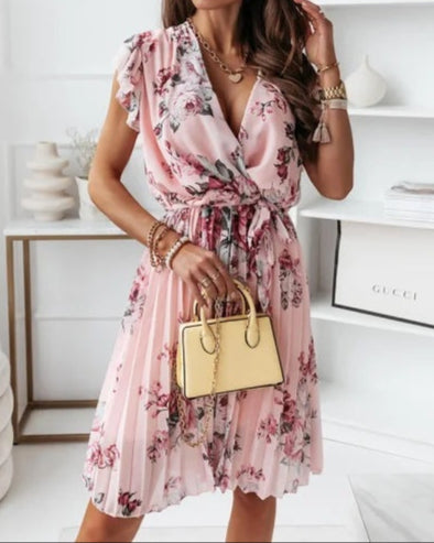 Abito Corto Elegante da Donna – Vestito Floreale a Portafoglio con Cintura