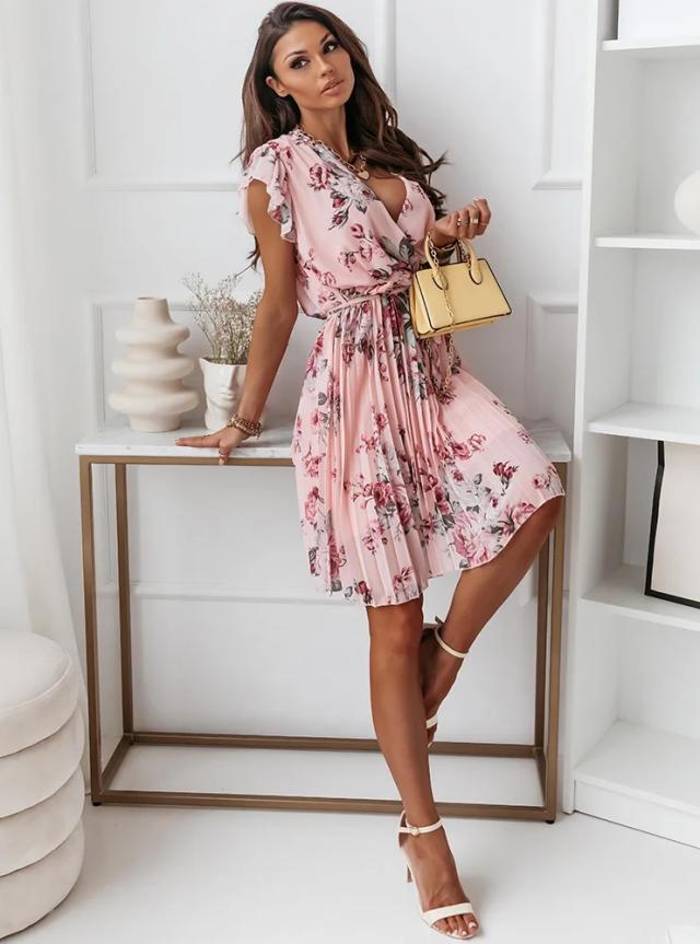 Abito Corto Elegante da Donna – Vestito Floreale a Portafoglio con Cintura